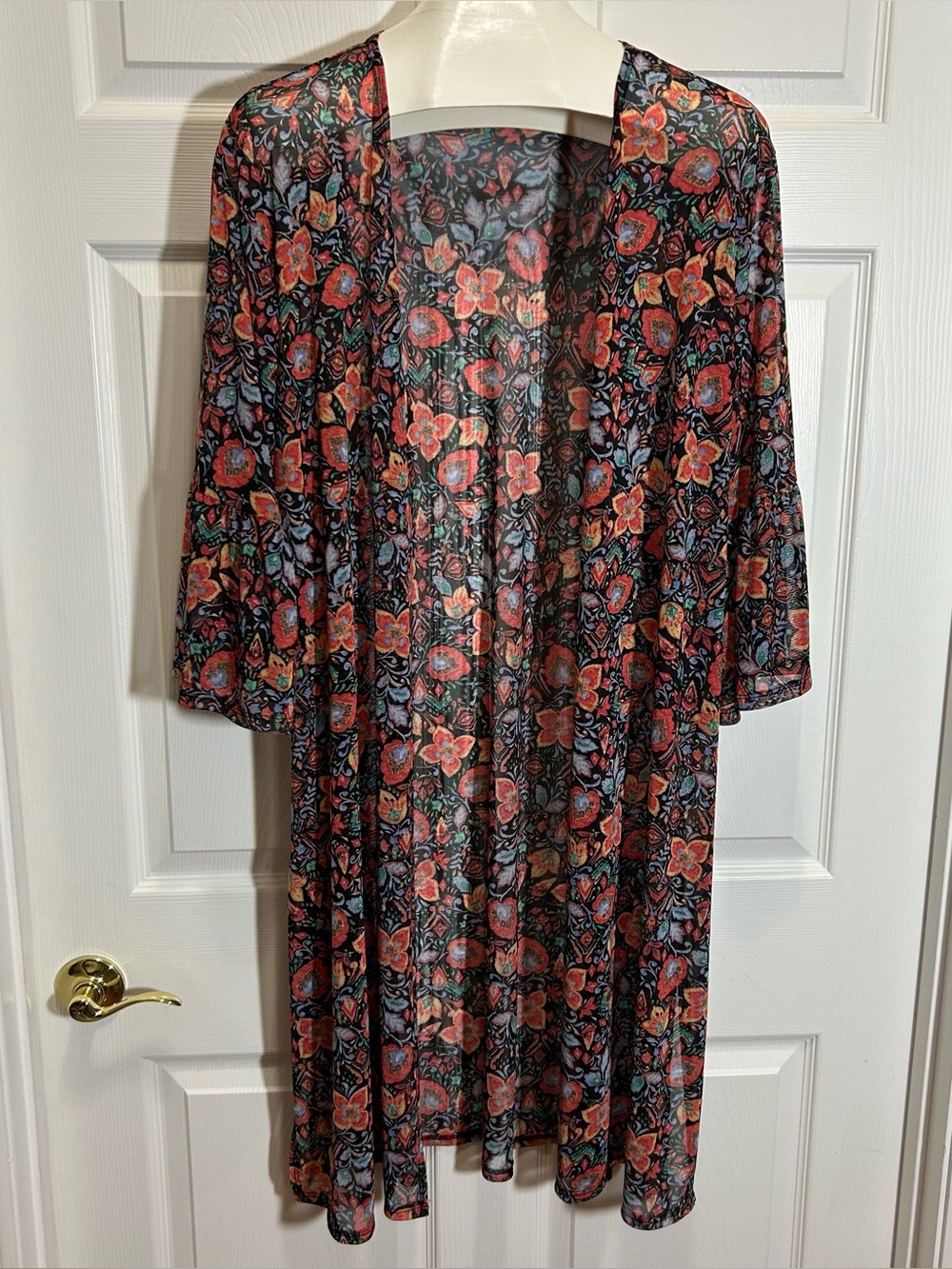 Sheer Multicolored Floral Bell Sleeve Kimono